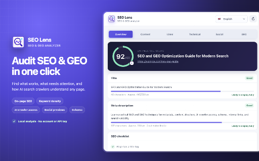SEO Lens: On-Page SEO, GEO & AI Crawler Checker :: Local SEO, GEO, broken-link and pixel audit for metadata, content, schema, social previews and AI crawlers. No data upload.