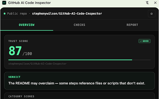 GitHub AI Code Inspector :: Chrome side panel for inspecting AI-generated GitHub repos, PRs, and files. Workflow, Unicode, command, package, MCP risk.