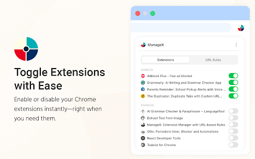 ManageX :: Smartly enable or disable Chrome extensions based on website URLs!