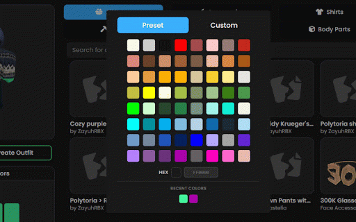 Polytoria Better Color :: Adds a hex color input and recent color history to Polytoria's color picker for faster and more precise color selection.