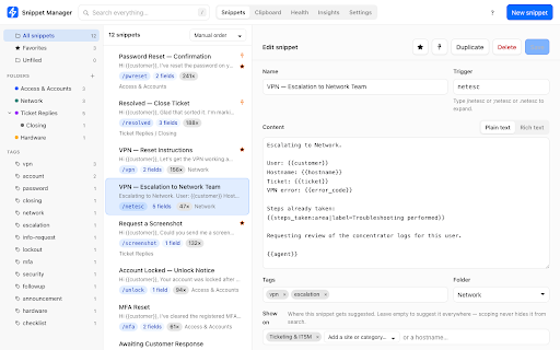 Snippet Manager :: Fast snippets, slash triggers, interactive forms and clipboard history — built for IT support. Local-first, no account required.