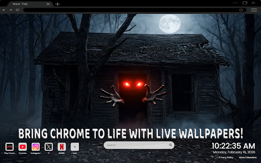 Glowing Eyes Horror House Haunted Cabin Live Wallpaper :: A haunted house in a dark forest delivers horror energy to your Chrome new tab.