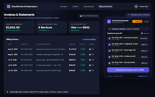 Invoice Batch Downloader :: Scan, select, and batch-download invoices from any billing dashboard as a single ZIP archive.