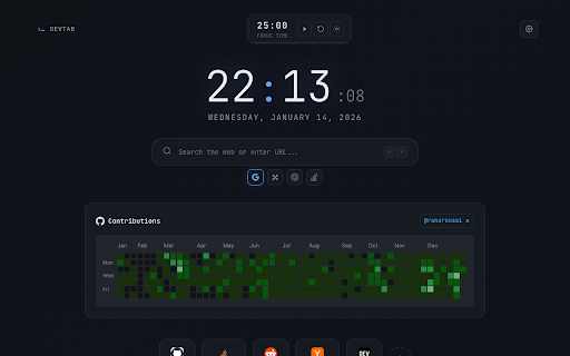DevTab - GitHub Contributions Dashboard :: A beautiful, techy new tab with GitHub contributions, pomodoro timer, and customizable backgrounds