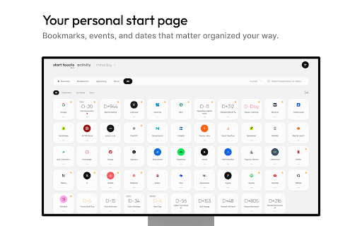 start tooolo | Bookmarks and reminders, simplified :: Your personal dashboard for bookmarks, upcoming events, and days that matter. Make every new tab yours with start tooolo!