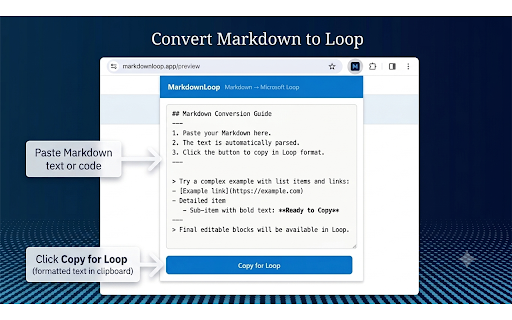 MarkdownLoop: Markdown to Loop Converter :: Paste your Markdown, click Copy for Loop, then Ctrl+V into Microsoft Loop.