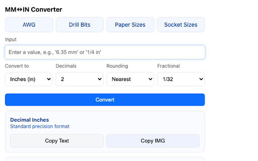 MM↔IN Converter :: Convert millimeters and inches quickly via popup and context menu.