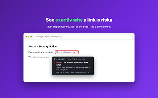 LinkDetect — Private Phishing & Link Scanner :: Understand suspicious links before you click. Free on-device checks, clear explanations, no accounts, no tracking.