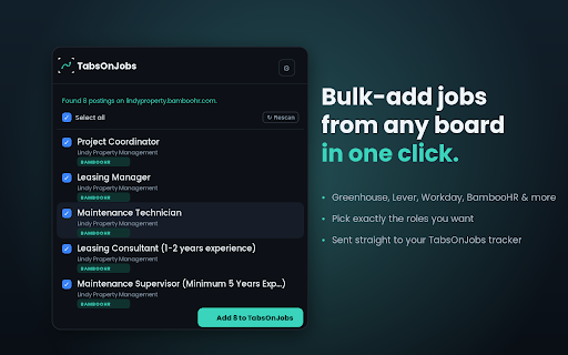 TabsOnJobs Bulk Add :: Add job postings to TabsOnJobs and autofill applications from your saved profile — you always review and submit.