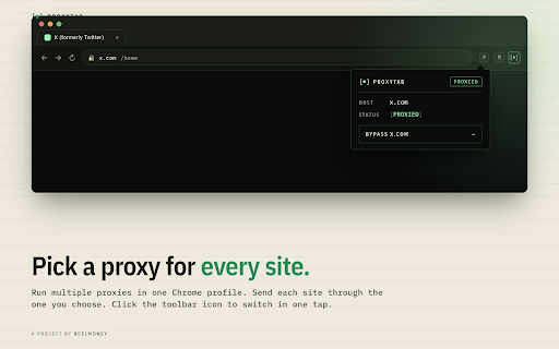 ProxyTab — Proxy Manager & Switcher :: Proxy manager and switcher for Chrome. Pick a proxy per site, with bypass. SOCKS5, HTTP, Tailscale, WireGuard.