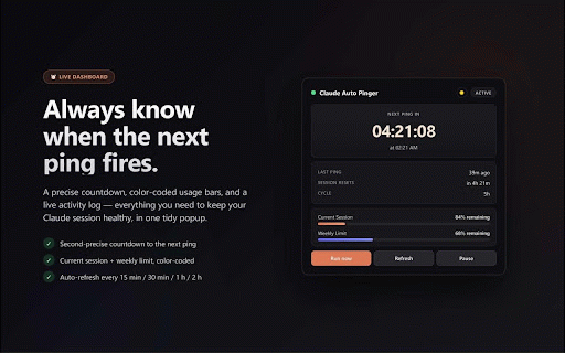 Claude Auto Pinger :: Keep your Claude AI session alive automatically. Auto-pings Claude every 5 hours, monitors session & weekly usage limits.