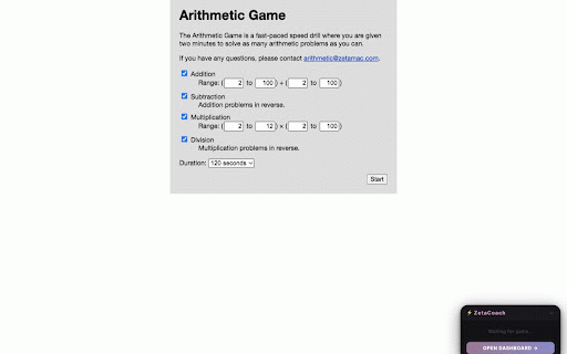 ZetaCoach :: Track every drill on arithmetic.zetamac.com. Identify weak fact families. Climb 12 ranked tiers.