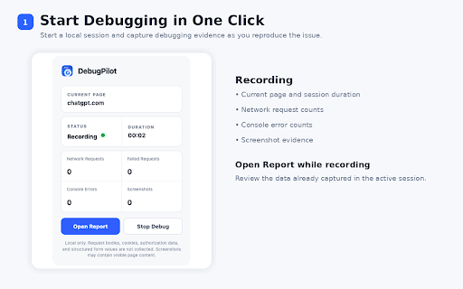 DebugPilot :: Capture console errors, network failures, user actions, screenshots, and debugging context in one local session.
