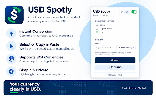 USD Spotly :: Quickly convert selected or pasted currency amounts to USD.