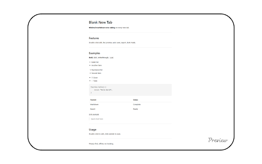 Blank New Tab :: Minimal markdown note-taking on every new tab. Write, preview, export. Blazing fast, distraction-free.