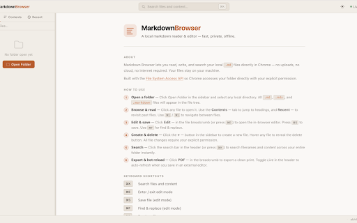 Markdown Browser :: Read, write, and search local markdown files. Inline editing, wiki-links, callout blocks, full-text search — 100% offline & private.