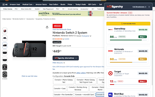 NOligarchy :: Shop without bankrolling political power and influence. Works on Amazon, Walmart & Target.