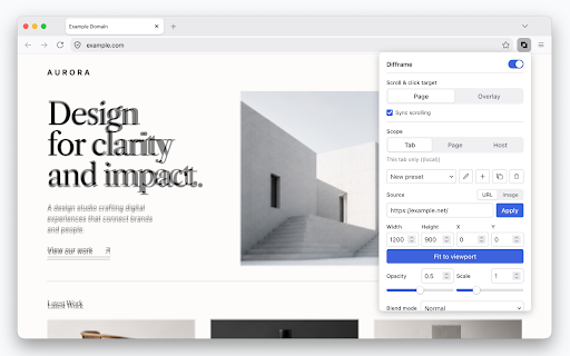 Difframe :: Overlay reference sites and Figma prototypes on your page as a live iframe — a pixel-perfect comparison tool.