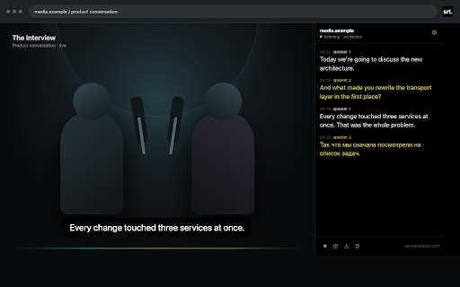 Tab Subtitles — Live Captions & Translation :: Private live captions for any Chrome tab: on-device speech to text, translation, speaker colors, SRT/VTT export.