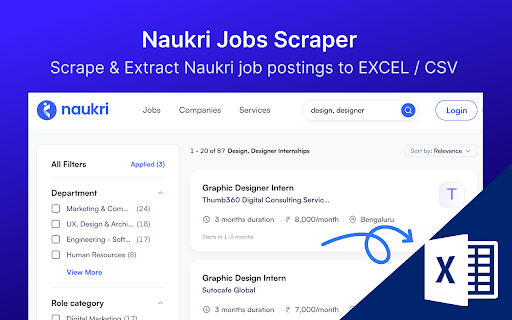 Naukri Jobs Scraper :: Export Naukri job search results to CSV/Excel in one click.
