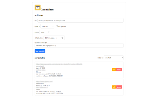 OpenWhen :: OpenWhen: open URLs on a schedule and show a short reminder banner