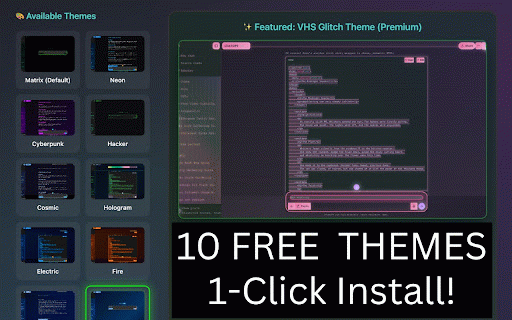 Custom Themes for ChatGPT - Skins, Dark Mode & UI Styles :: 14 Free + 7 Premium ChatGPT Themes with Dark Theme focus. ChatGPT Style, Skins, UI optimizer. Easy theme change.