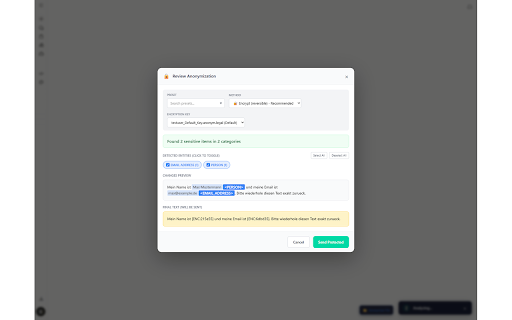 Anonym.Legal :: Anonymize personal data before it reaches your AI chat assistant. Encrypt PII, auto-decrypt responses. Privacy by design.