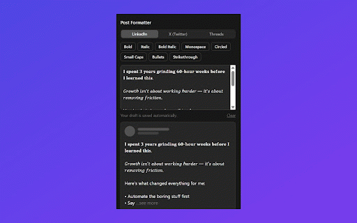 LinkedIn Post Formatter :: Format LinkedIn, X and Threads posts with bold, italic and bullets that survive copy-paste — no account access needed.