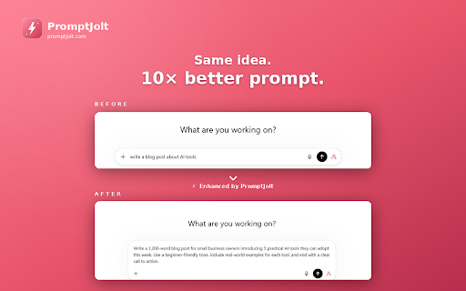 PromptJolt – AI Prompt Enhancer for ChatGPT, Claude & Gemini :: Free one-click AI prompt enhancer for ChatGPT, Claude & Gemini. Rewrite rough ideas into structured, context-rich prompts instantly