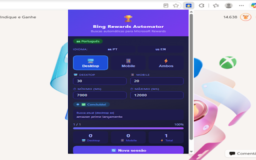 Bing Rewards Automator :: Automatiza buscas no Bing para acumular pontos Microsoft Rewards sem precisar manter a tela ativa.