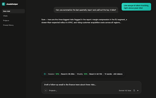 cluadehelper :: Usage tracking, conversation export, forking, prompt library, and cross-AI continuity for Claude.ai. Not affiliated with Anthropic.