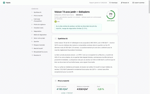 Pépite — analyse immobilière :: Score prix vs marché (DVF), analyse IA et aide à la négociation sur les annonces Leboncoin, SeLoger, Bien'ici et Citya.