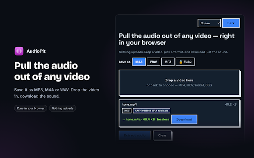 Extract Audio from Video to MP3 | AudioFit :: Pull the audio out of any video, or convert WAV and M4A files to MP3 — all on your device. No upload, no account.