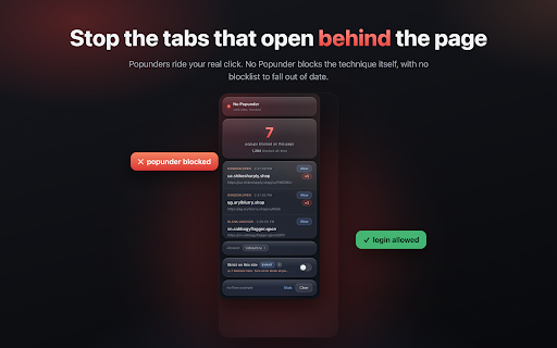 No Popunder :: Blocks popunder ad tabs on any site without breaking logins or video. No servers, no tracking, nothing leaves your device.