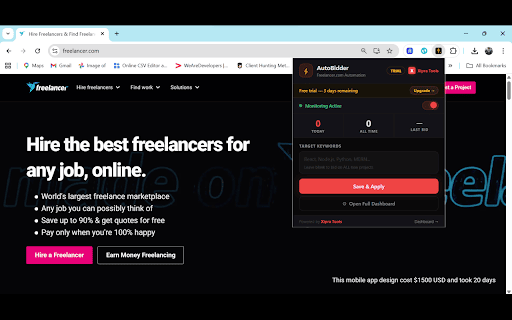 AutoBidder Pro :: Freelancer.com bid assistant. Detects new projects matching your keywords and drafts AI-powered proposals so you can bid first.