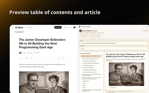 Send Web to Kindle :: Extract clean web articles locally, preview, auto-generate Tables of Contents, download EPUB files, and optionally send to Kindle.