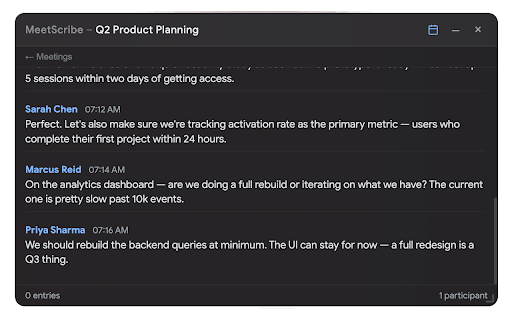 MeetScribe :: Live Google Meet transcription with meeting history.