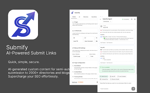 Submify Seo Agent | AI-Powered Semi-Auto Directory Submission Backlink Tool :: AI-powered SEO tool to semi-automatically submit your startup to 100+ high-quality directories and blogs. Fast and efficient.