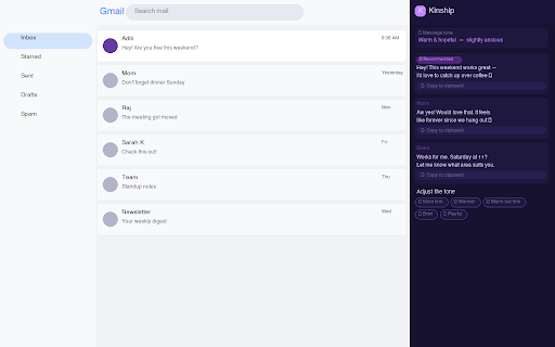 Kinship :: AI-powered messaging assistant — draft better replies in Gmail, Outlook, Slack & Teams
