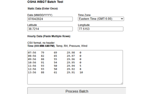OSHA WBGT Batch Calculator :: Batch processes WBGT calculations on the official OSHA calculator website.