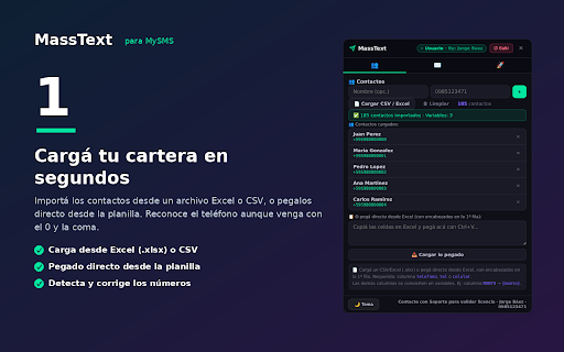 MassText :: Envío masivo de SMS desde MySMS. Cargá contactos desde CSV y enviá en masa. By: Jorge Baez