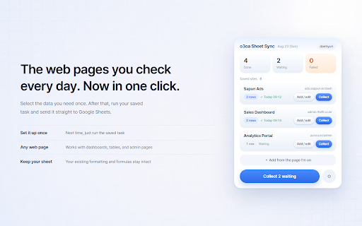 o3oa Sheet Sync - Copy Data to Google Sheets :: Automatically collect and organize tables and data from web pages into Google Sheets. Reduce repetitive copy-and-paste work.