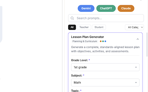 TeacherMagic :: K-12 AI prompt tools in 106 languages for teachers, principals, SLPs and more. One click to Gemini, ChatGPT, Claude, or Copilot.