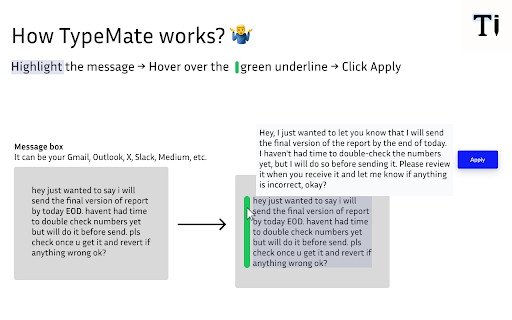 TypeMate: AI Writing Assistant and Tone Optimizer :: AI writing assistant that fixes grammar and improves tone. Select text anywhere to get instant suggestions.