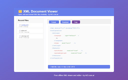 XML Document Viewer :: Open, view, edit and format XML files instantly offline. Free XML viewer and editor by AIO.com.ai