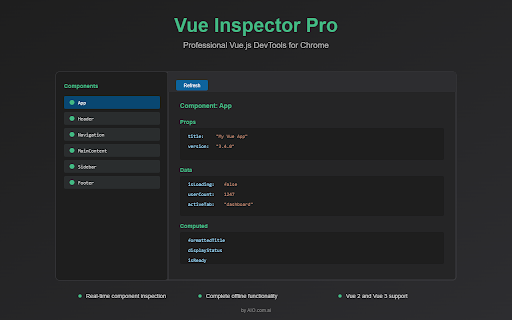 Vue Inspector Pro :: Debug Vue.js apps with component tree, state inspection & real-time monitoring