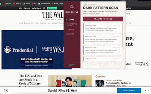 MindShield :: Flags dark patterns and risky terms-of-service clauses using an on-device model. Nothing you browse is sent to a server.