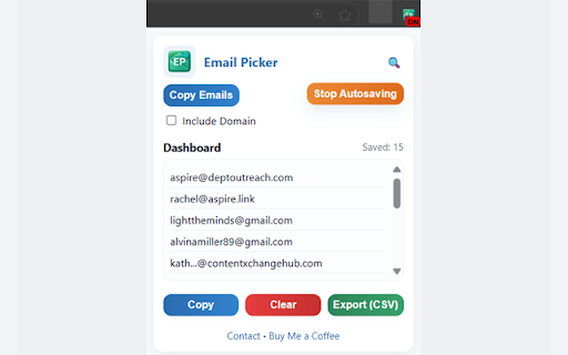 Email Picker :: Extract visible email IDs from webpages with Copy, Automation, Export, and Clear options.