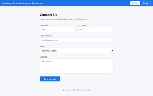 FormRecover :: Auto-save form data and recover it after crashes or accidental tab closures.