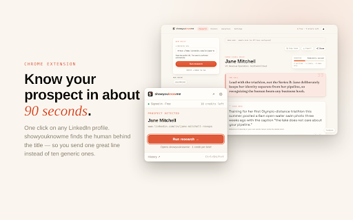 showyouknowme — Human Signal Briefs :: One click on a LinkedIn profile opens a human-signal research brief in showyouknowme. No scraping — nothing touches the page.
